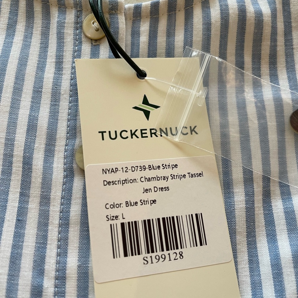 Tuckernuck Striped Blue Dress with Pom Pom Trim - Picture 4 of 9